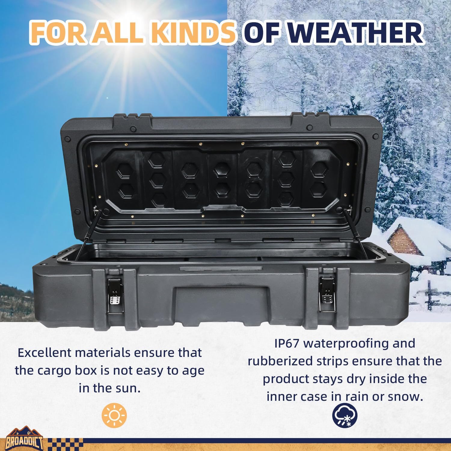 MGS 141 Quart Waterproof Cargo Case with Resting Kit & Inside Molle Panel Travel Assist Tires - BROADDICT