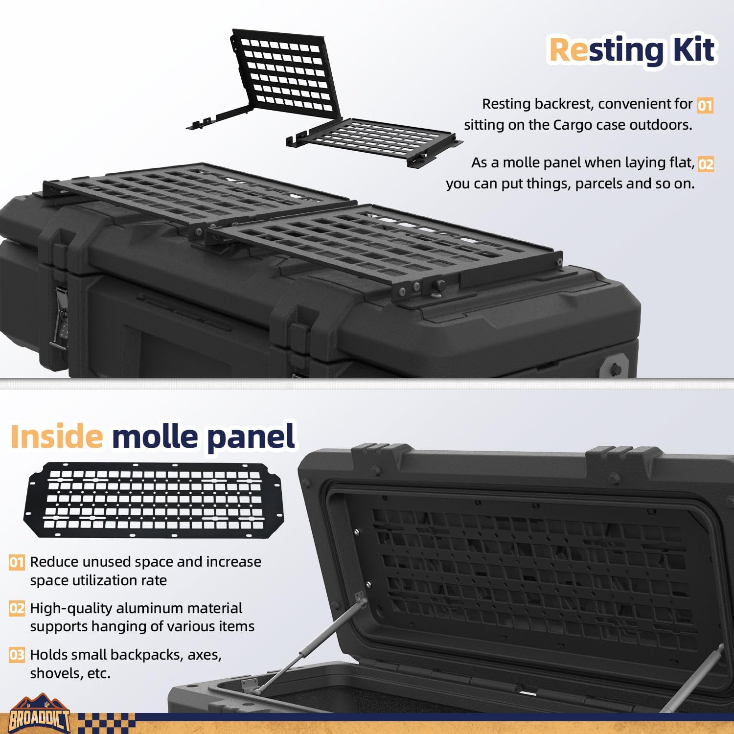 MGS 141 Quart Waterproof Cargo Case with Resting Kit & Inside Molle Panel Travel Assist Tires - BROADDICT