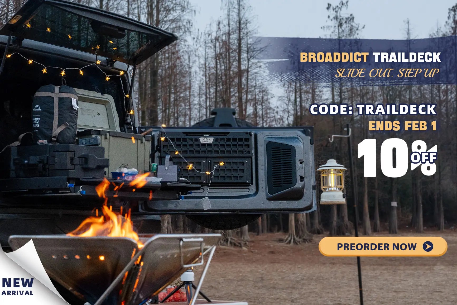 Truck with open cargo area in a forest setting, featuring promotional text for Broaddict Traildeck.